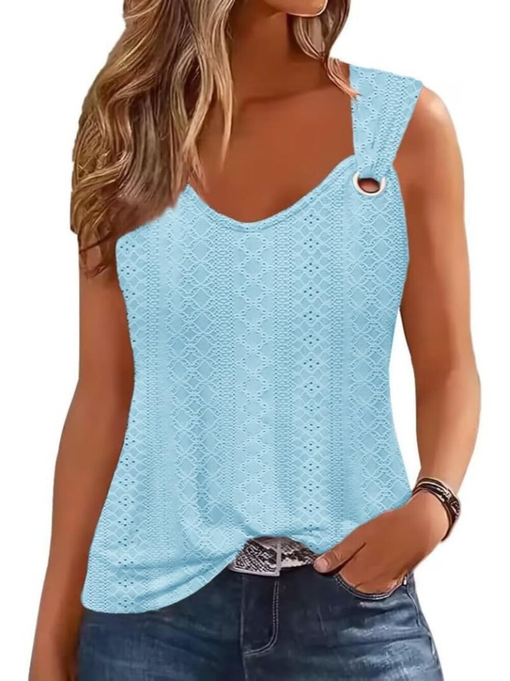 Women's Light Blue Trendy Summer Top V Neck Sleeveless Loose Fit Spring Tank Top